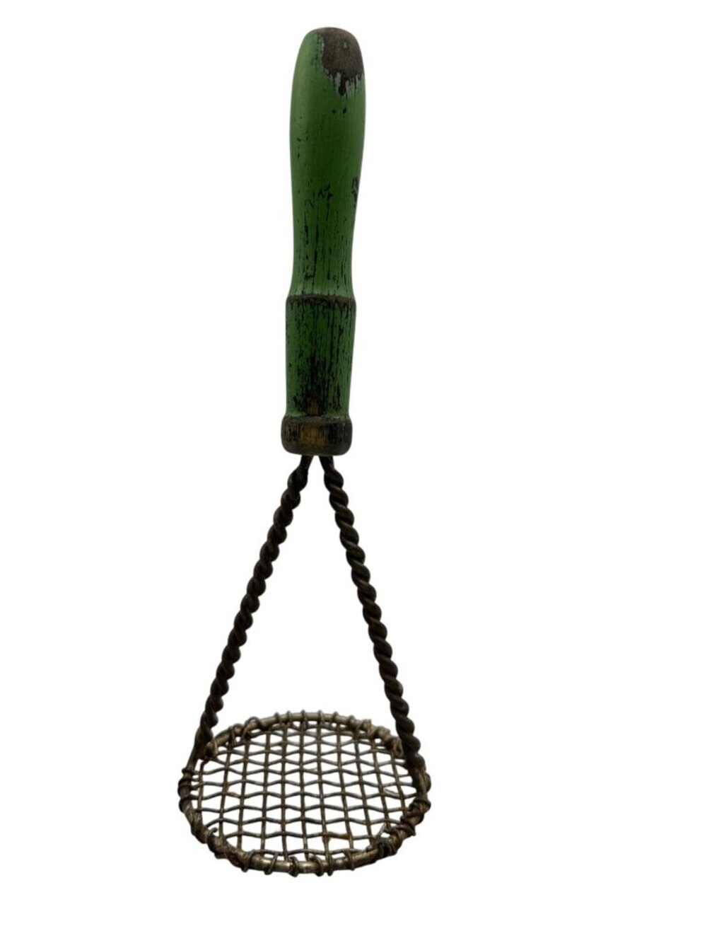 Vintage Twisted Wire & Metal Potato Masher Green Wooden Handle Rustic Farmhouse